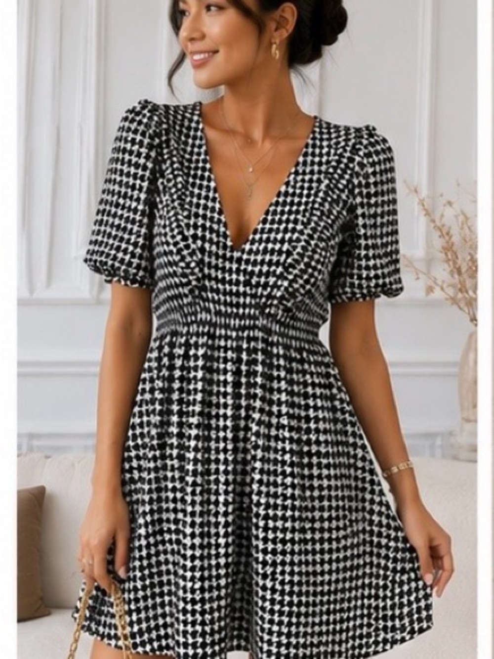 TCEC Black & White Houndstooth V-Neck A-Line Dress